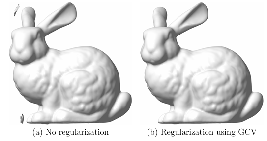  Figure 4.5 CFPU reconstructions of the Stanford bunny with (a) no regu-larization and (b) with regularization. In (b) GCV was used to determine the regularization parameter on each patch. Both experiments used the highest resolution zippered model of the bunny consisting of N = 35947 points and normals vectors and M = 848 patches.