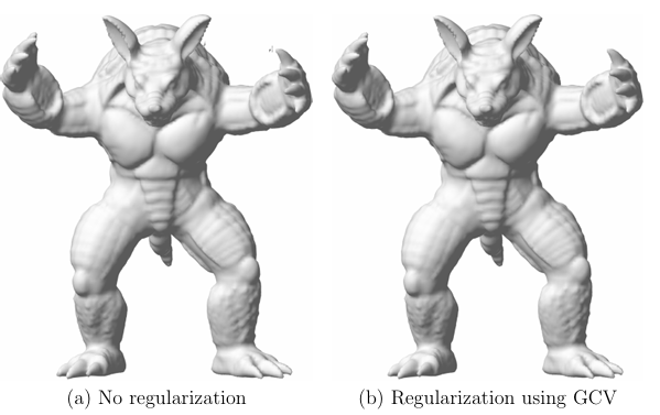  Figure 4.7 CFPU reconstructions of the Armadillo with (a) no regularization and (b) with regularization. In (b) GCV was used to determine the regularization parameter on each patch. Both experiments used the highest resolution zippered model of the dragon consisting of N = 172974 points and normals vectors and M = 14349 patches