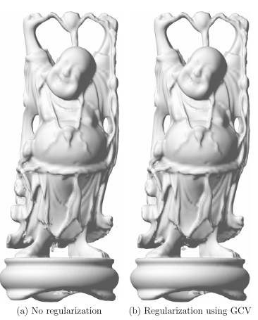  Figure 4.8 CFPU reconstructions of the Happy Buddha with (a) no regu-larization and (b) with regularization. In (b) GCV was used to determine the regularization parameter on each patch. Both experiments used the highest resolution zippered model of the dragon consisting of N = 583079 points and normals vectors and M = 14226 patches. 